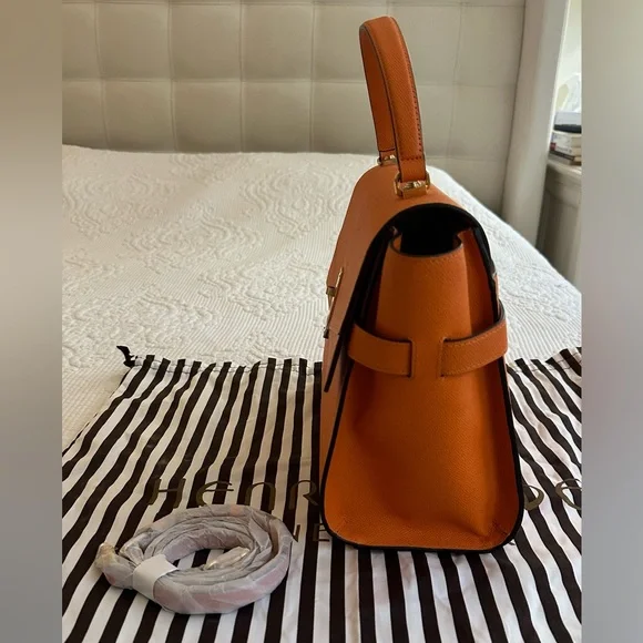 HENRI BENDEL Uptown Orange Leather Turnlock Top Handle Flap Satchel Bag